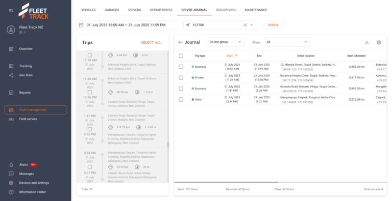 Driver journal (FBT logbook) in the Fleet Track web portal