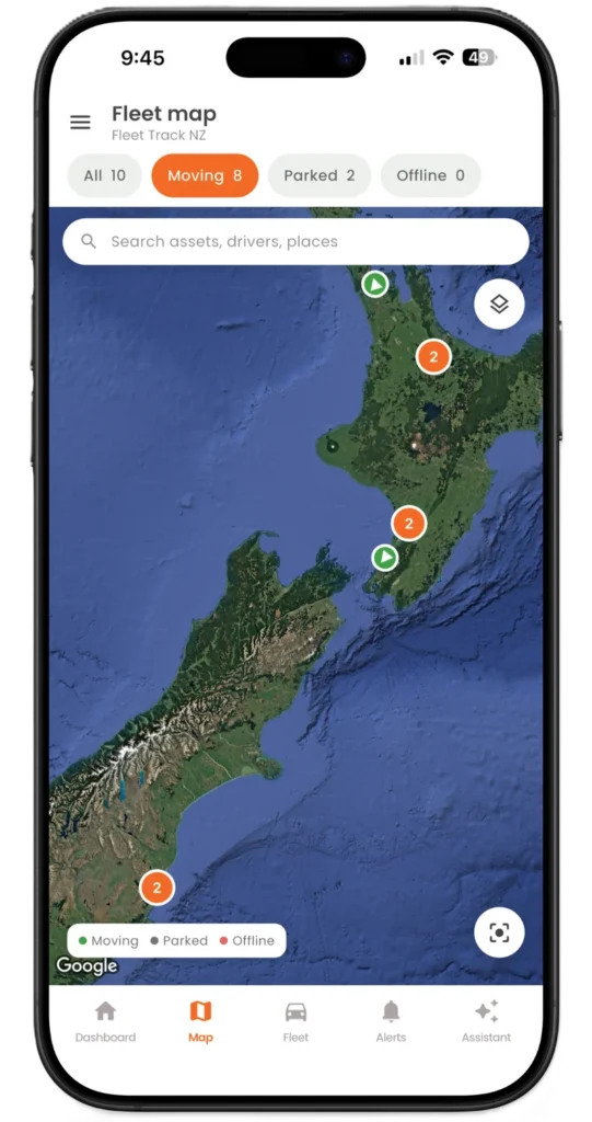 Fleet map in the Fleet Track app showing moving, parked and offline vehicles