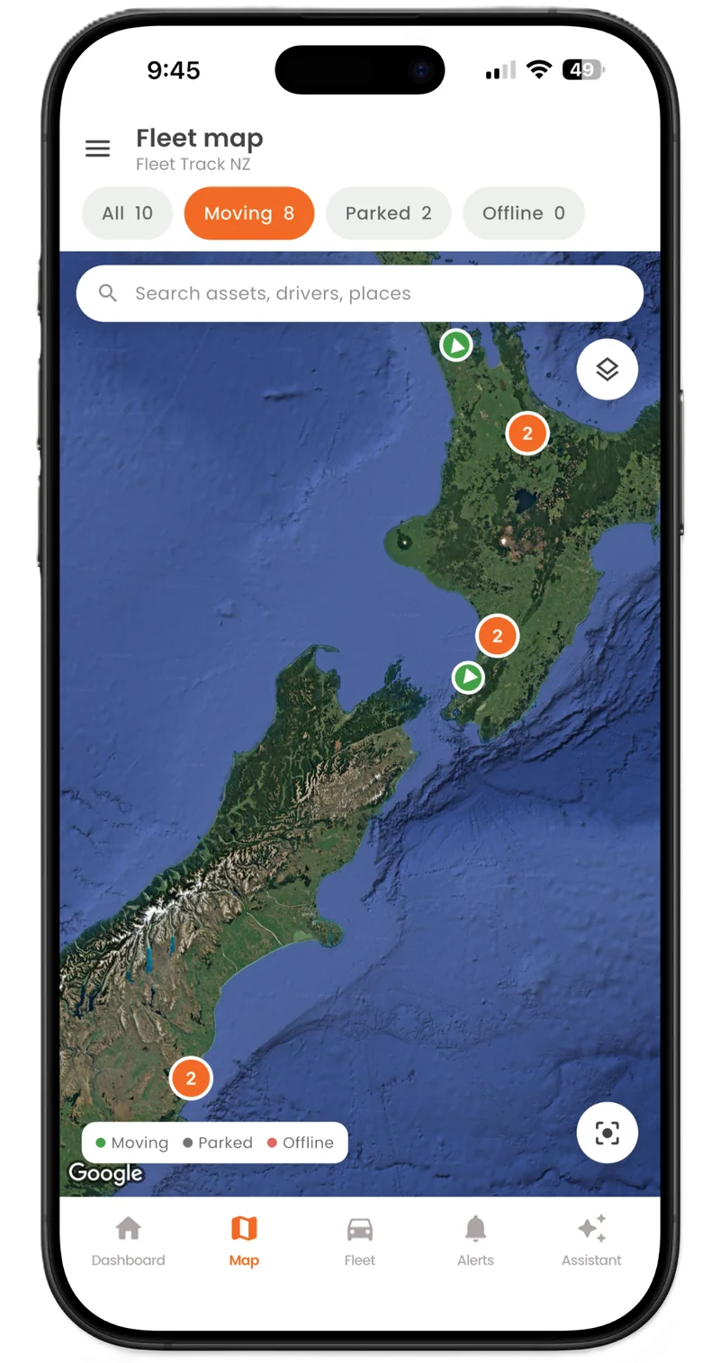 Fleet map in the Fleet Track app showing moving, parked and offline vehicles