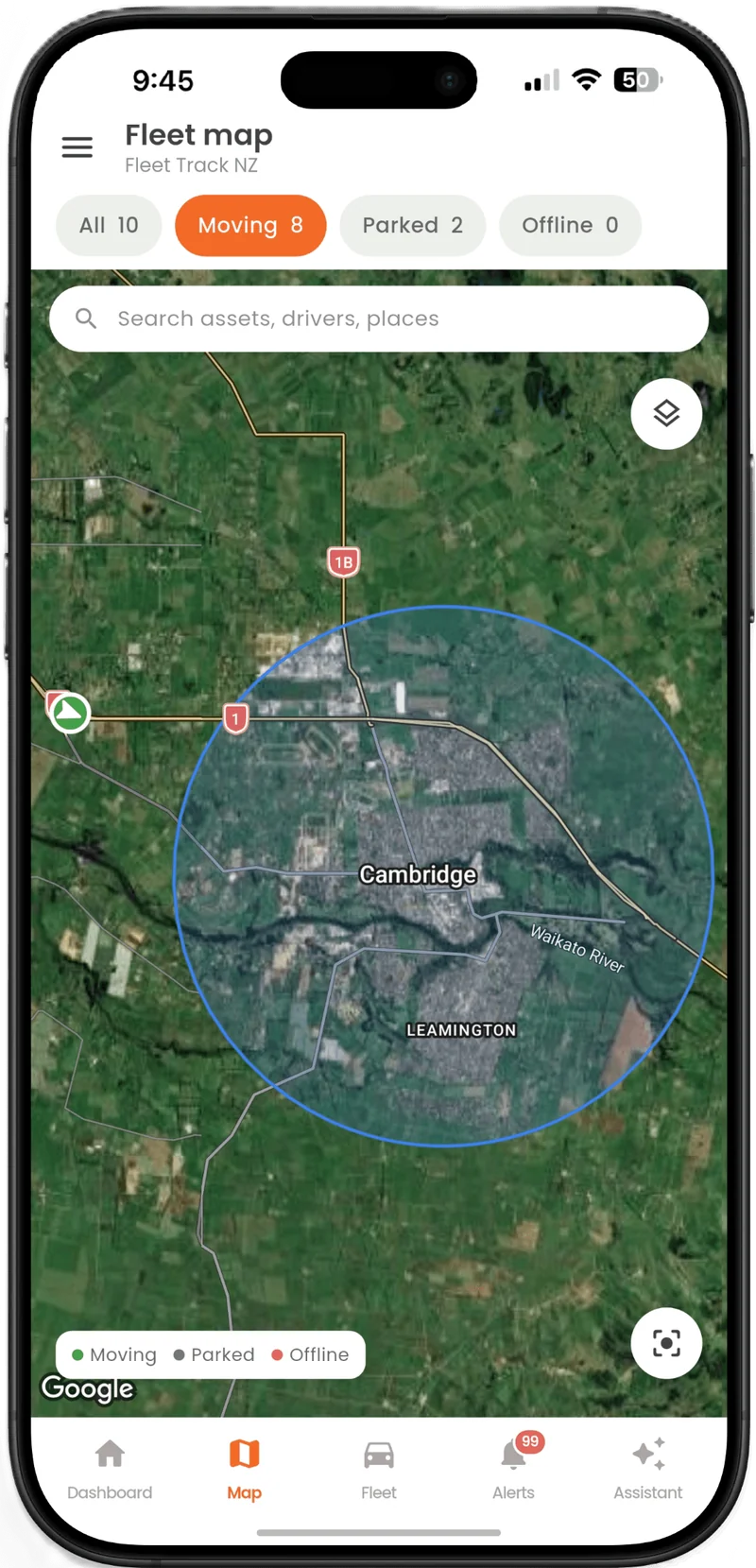 Geofence around Cambridge in the Fleet Track app