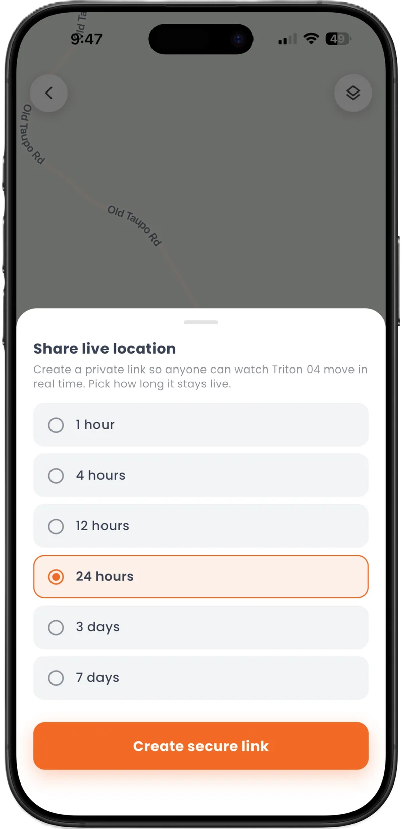Sharing a live location link from the Fleet Track app