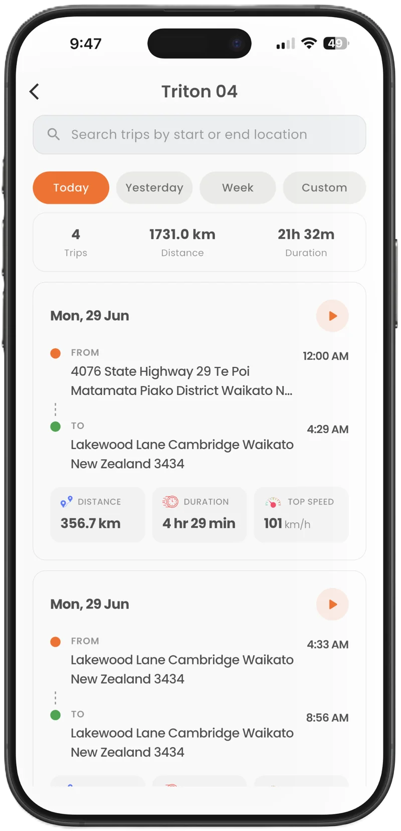 Trip history in the Fleet Track app