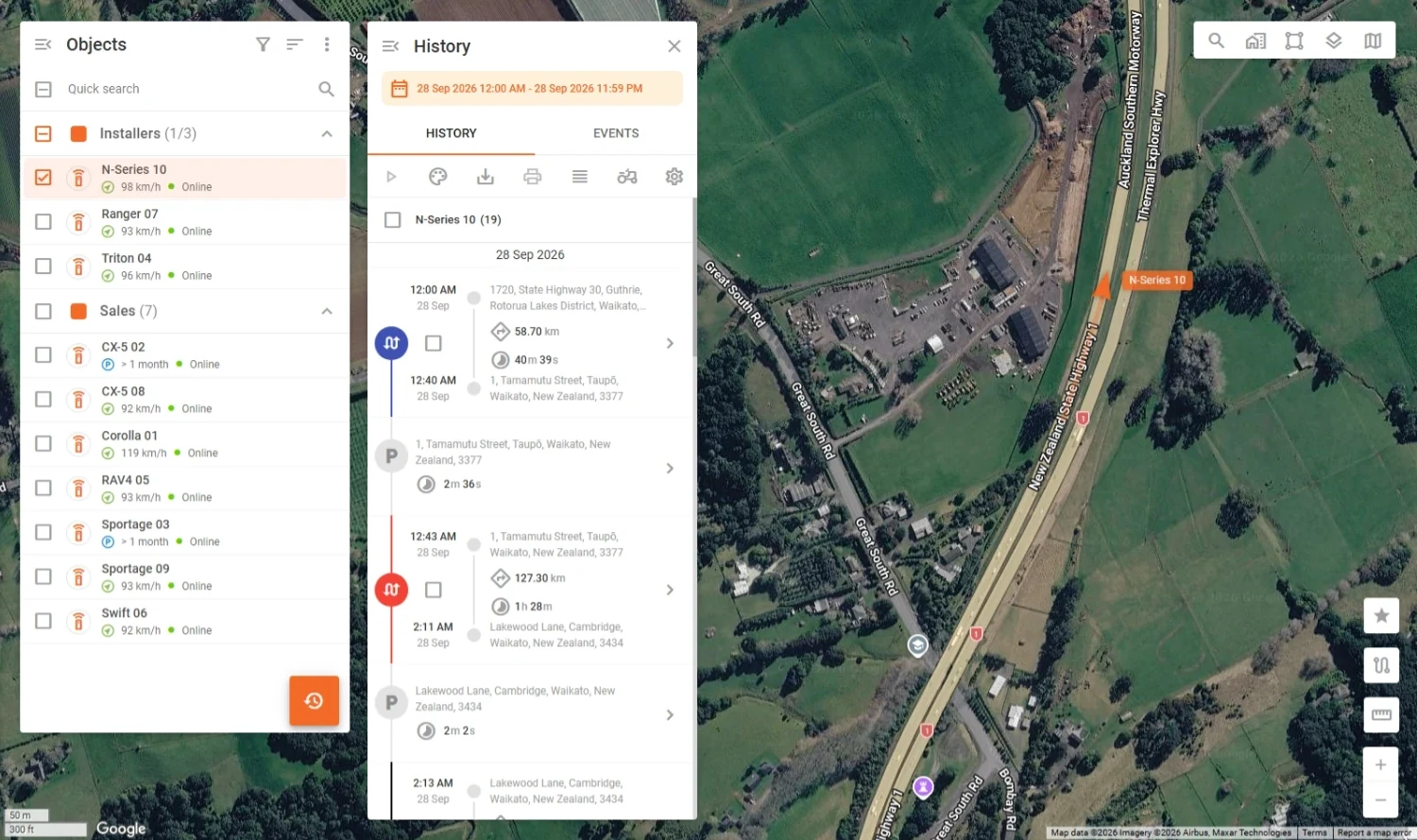 Trip history and playback in the Fleet Track web portal